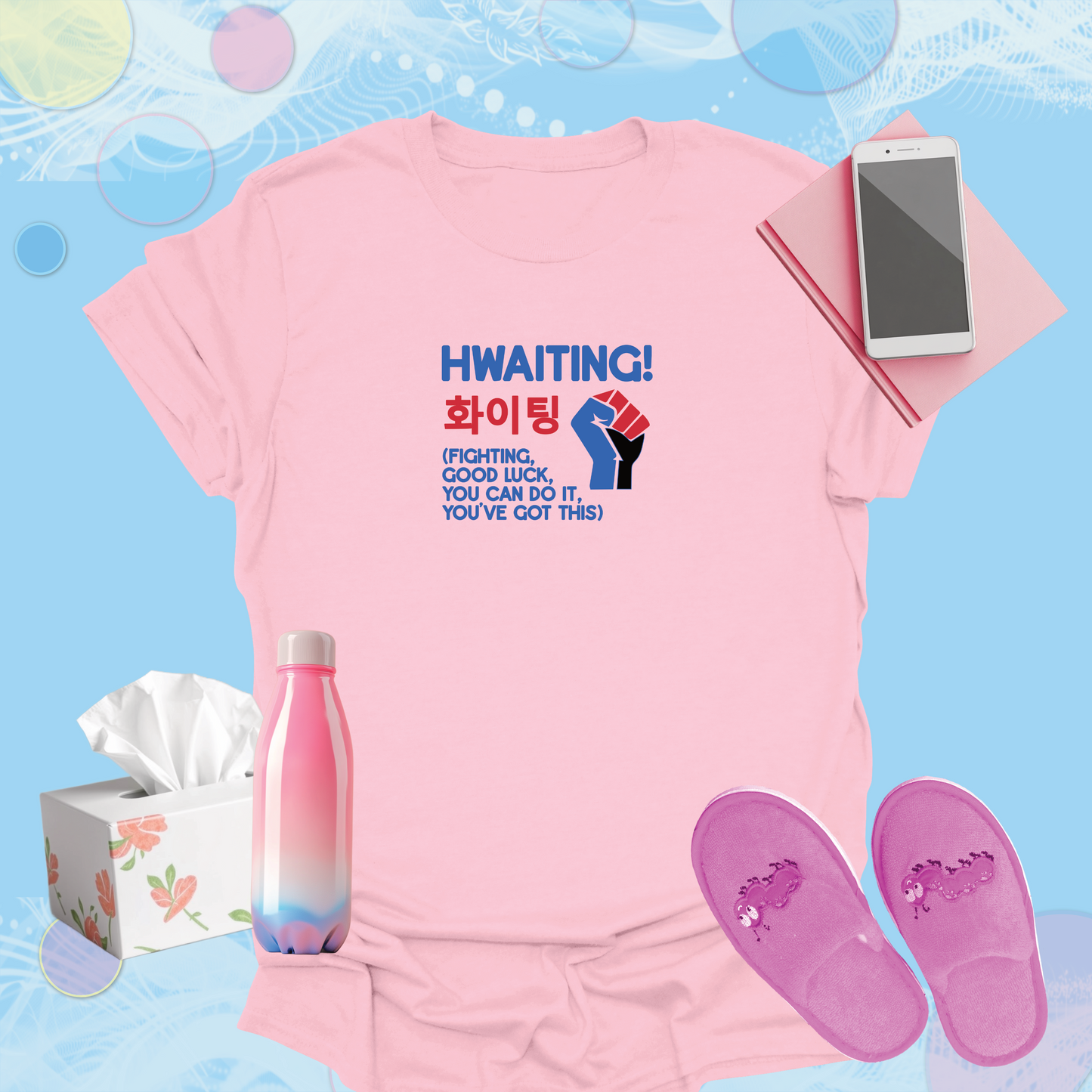 Hwaiting - Fist graphic in Korean Flag Colors, Korean Text - Popular K-Drama Expression T-Shirt