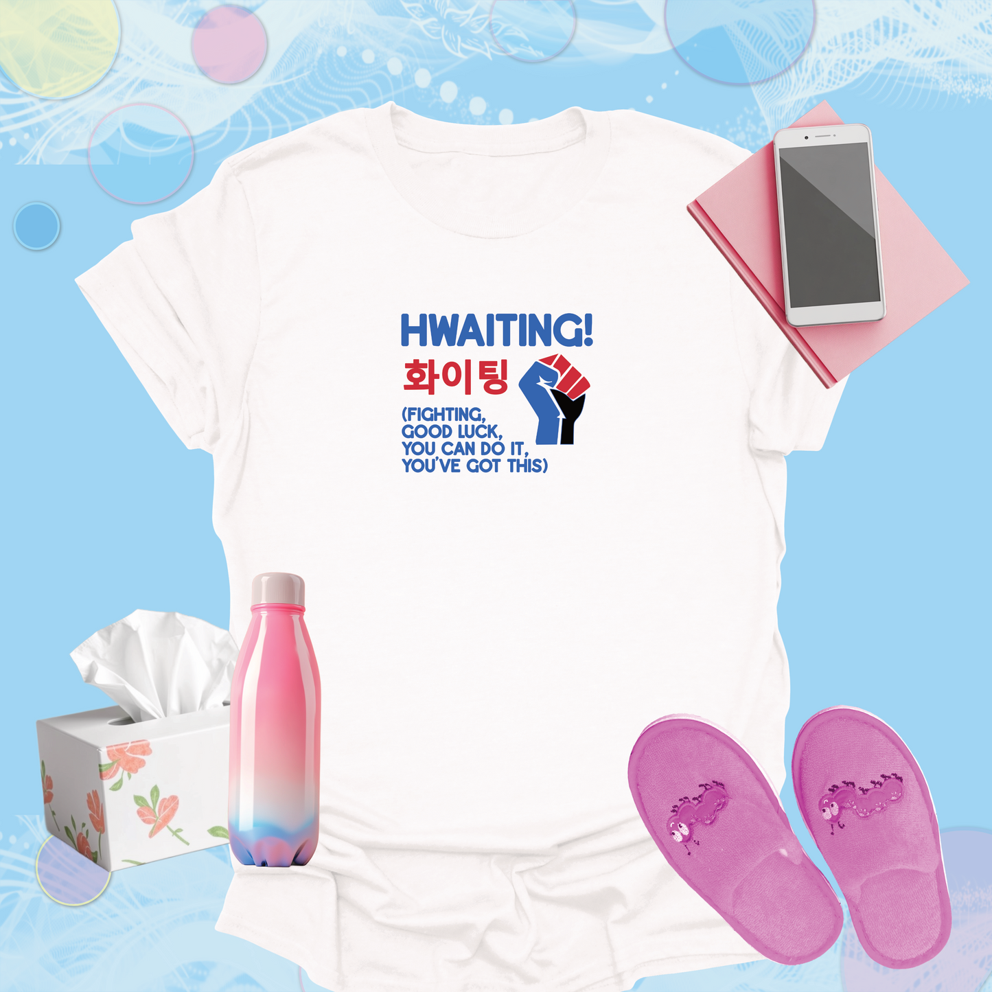 Hwaiting - Fist graphic in Korean Flag Colors, Korean Text - Popular K-Drama Expression T-Shirt