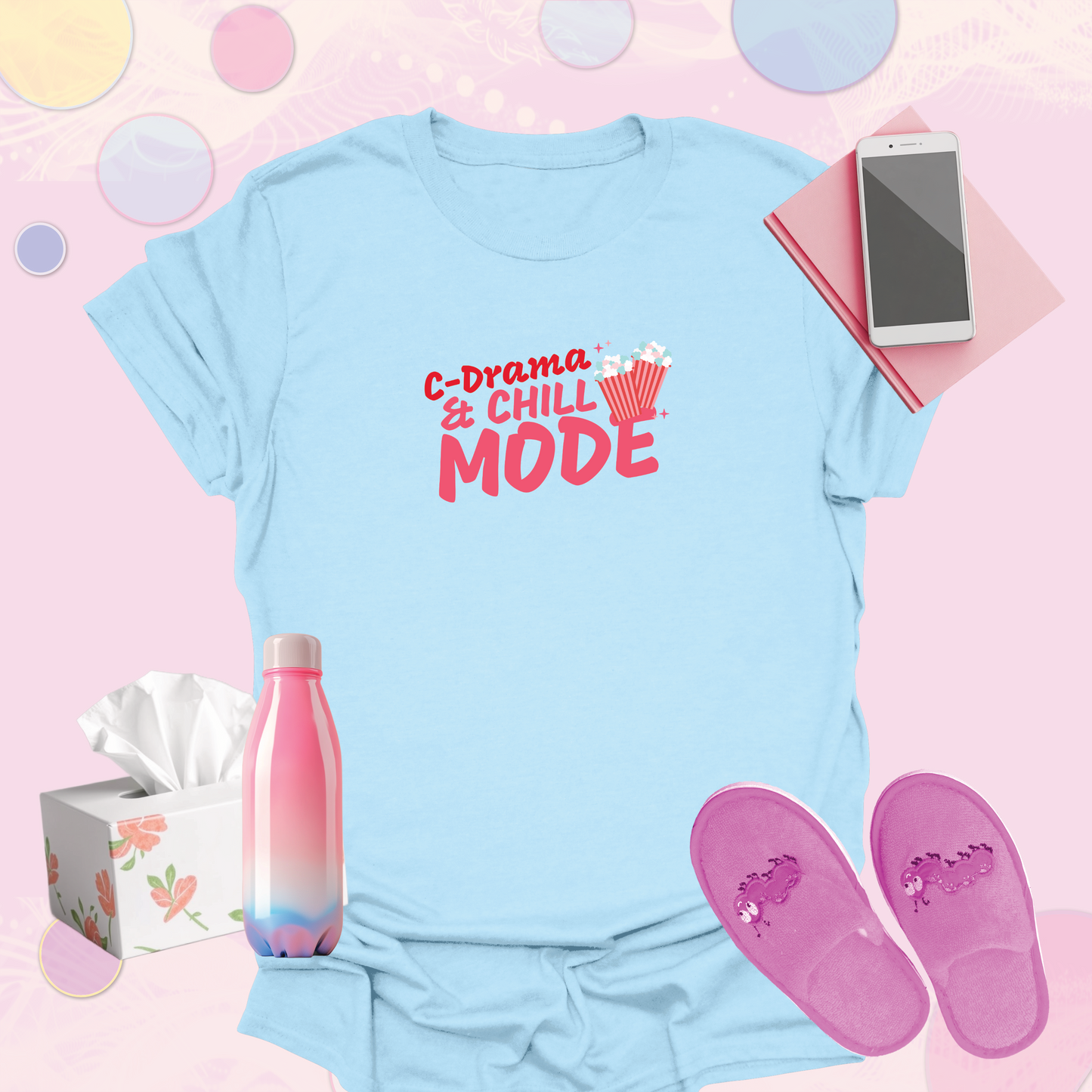 C-Drama & Chill Mode with Popcorn Graphic - Fun Chinese Drama Fan Inspired T-Shirt for Women, Teens
