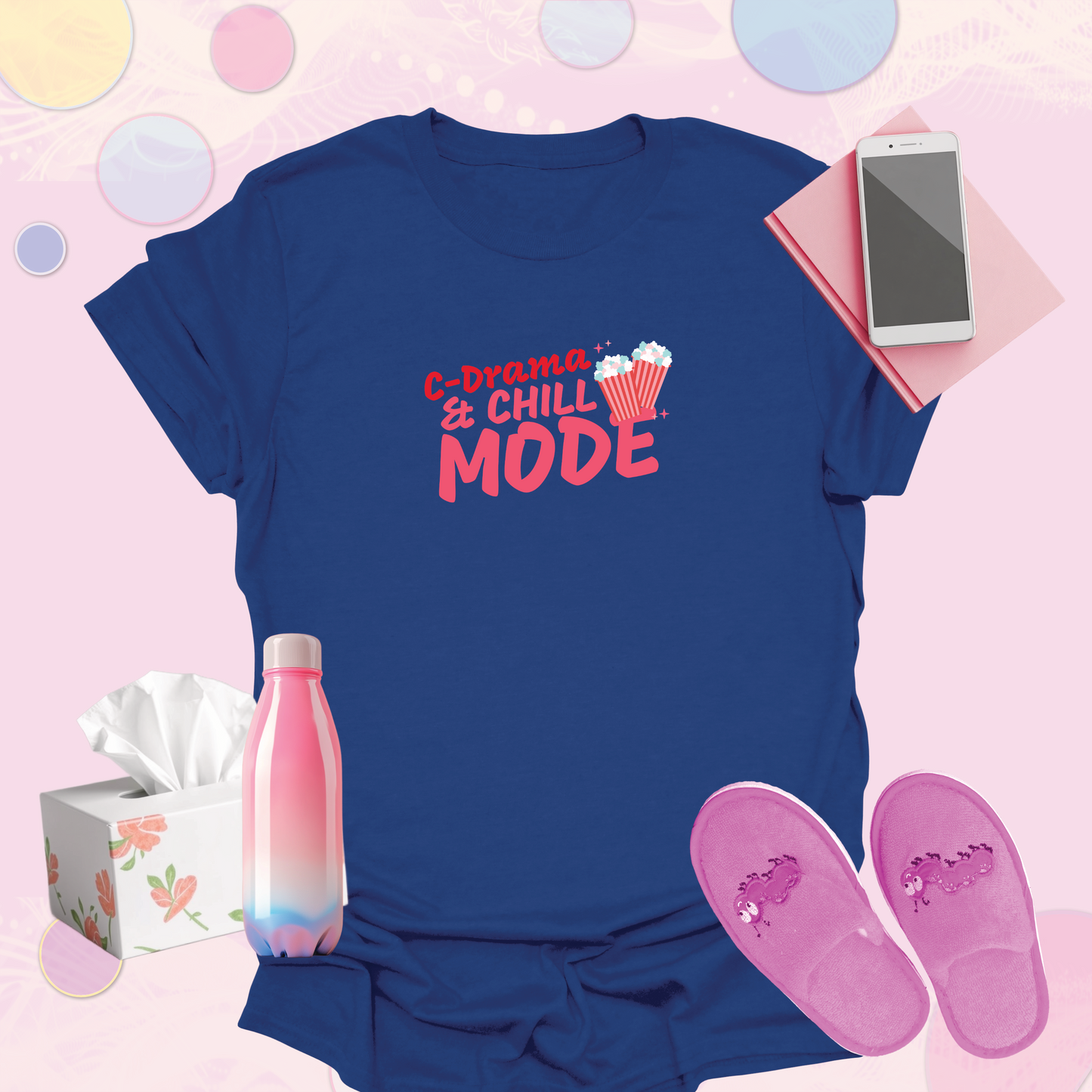 C-Drama & Chill Mode with Popcorn Graphic - Fun Chinese Drama Fan Inspired T-Shirt for Women, Teens