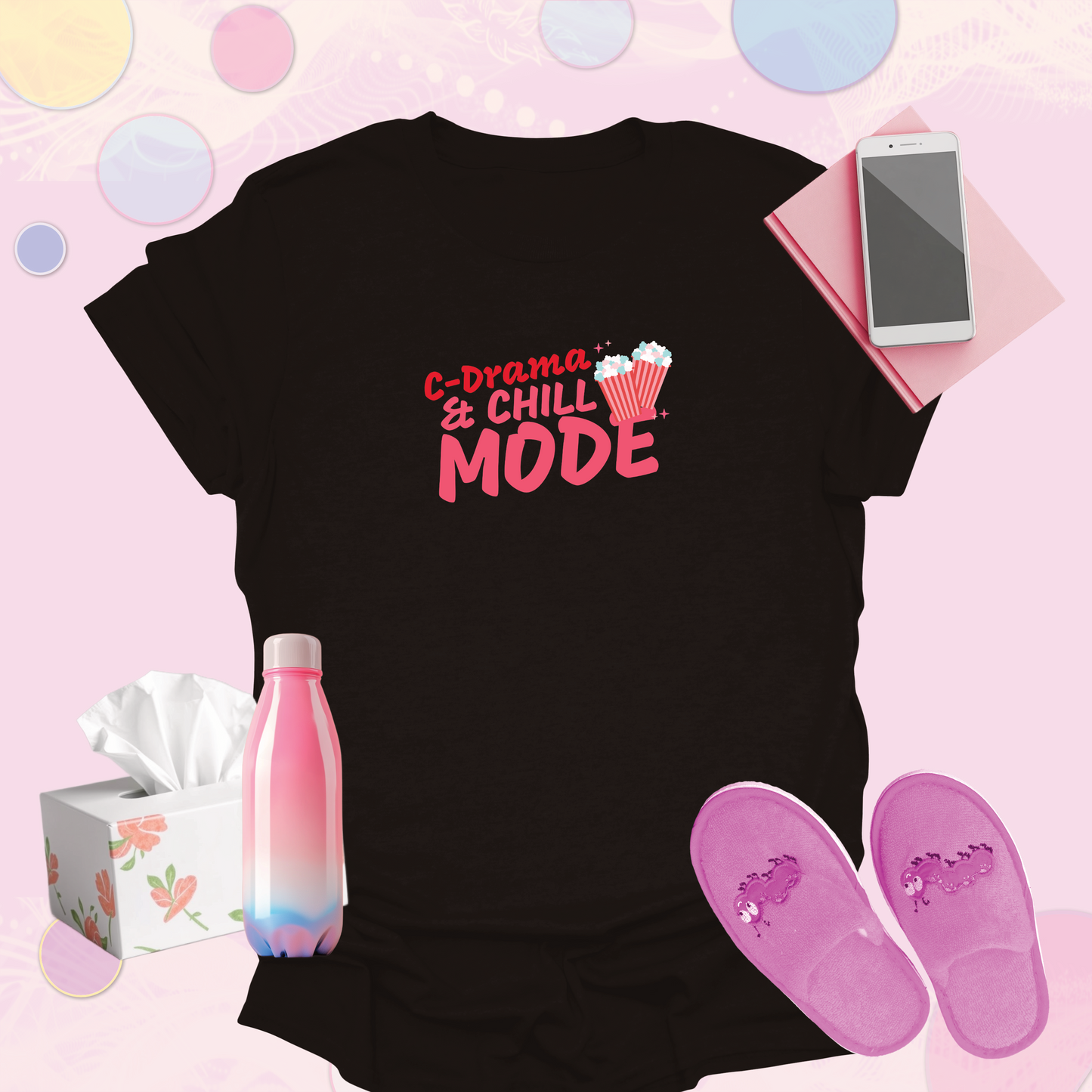 C-Drama & Chill Mode with Popcorn Graphic - Fun Chinese Drama Fan Inspired T-Shirt for Women, Teens
