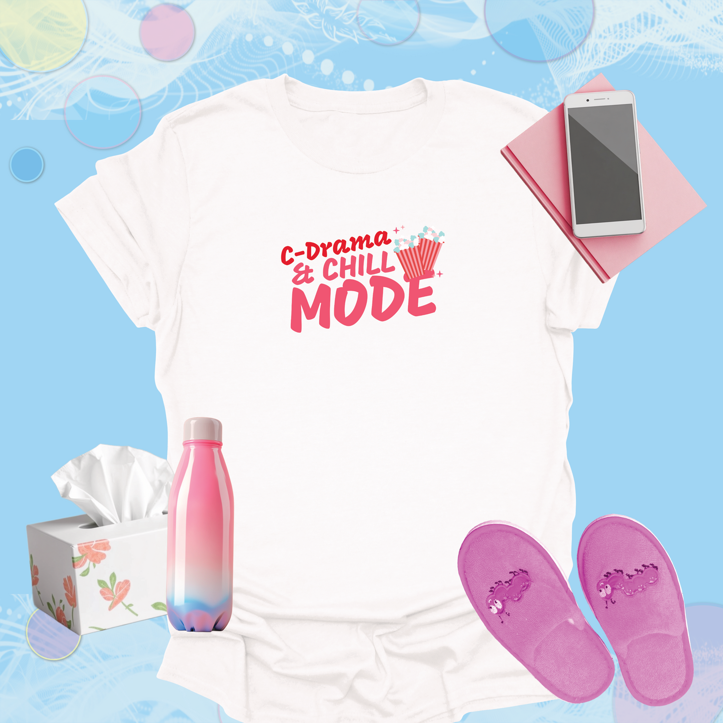 C-Drama & Chill Mode with Popcorn Graphic - Fun Chinese Drama Fan Inspired T-Shirt for Women, Teens