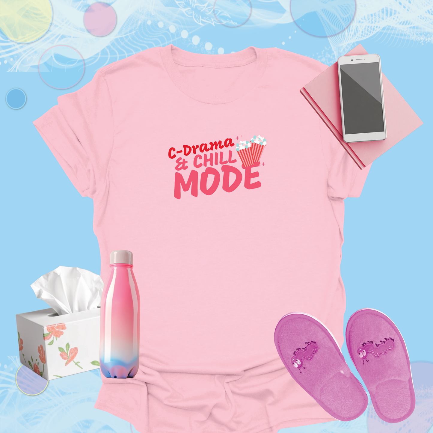 C-Drama & Chill Mode with Popcorn Graphic - Fun Chinese Drama Fan Inspired T-Shirt for Women, Teens